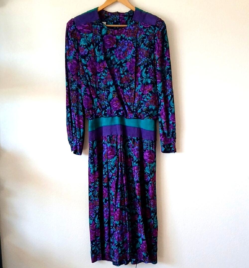 Vintage Patty O'Neil Purple And Green Floral Dress With Suede Accents